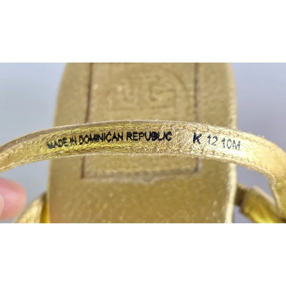 TORY BURCH Gold Emmy Wedge Sandals Metallic Leather Sz 10 Logo Ankle Strap